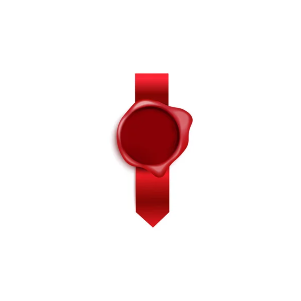 Sello realista de cera roja con cinta de seda aislada sobre fondo blanco — Vector de stock