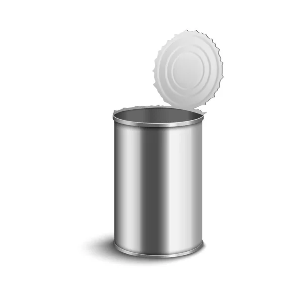 Open tin can mockup with smooth shiny metal texture isolated on white background — Stock Illustration Open tin can mockup with smooth shiny metal texture isolated on white background Stock Vector