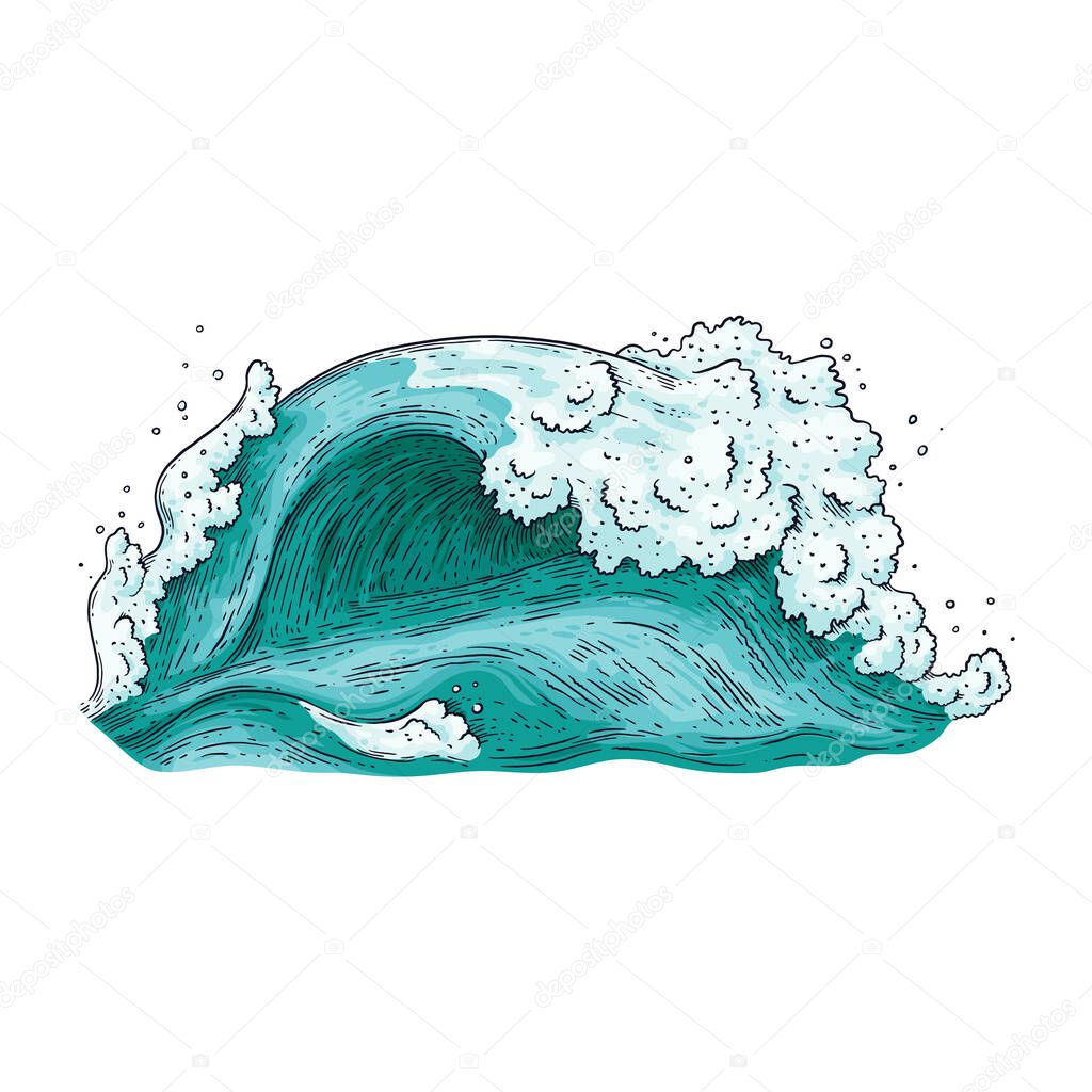 Hand drawn blue water wave isolated on white background