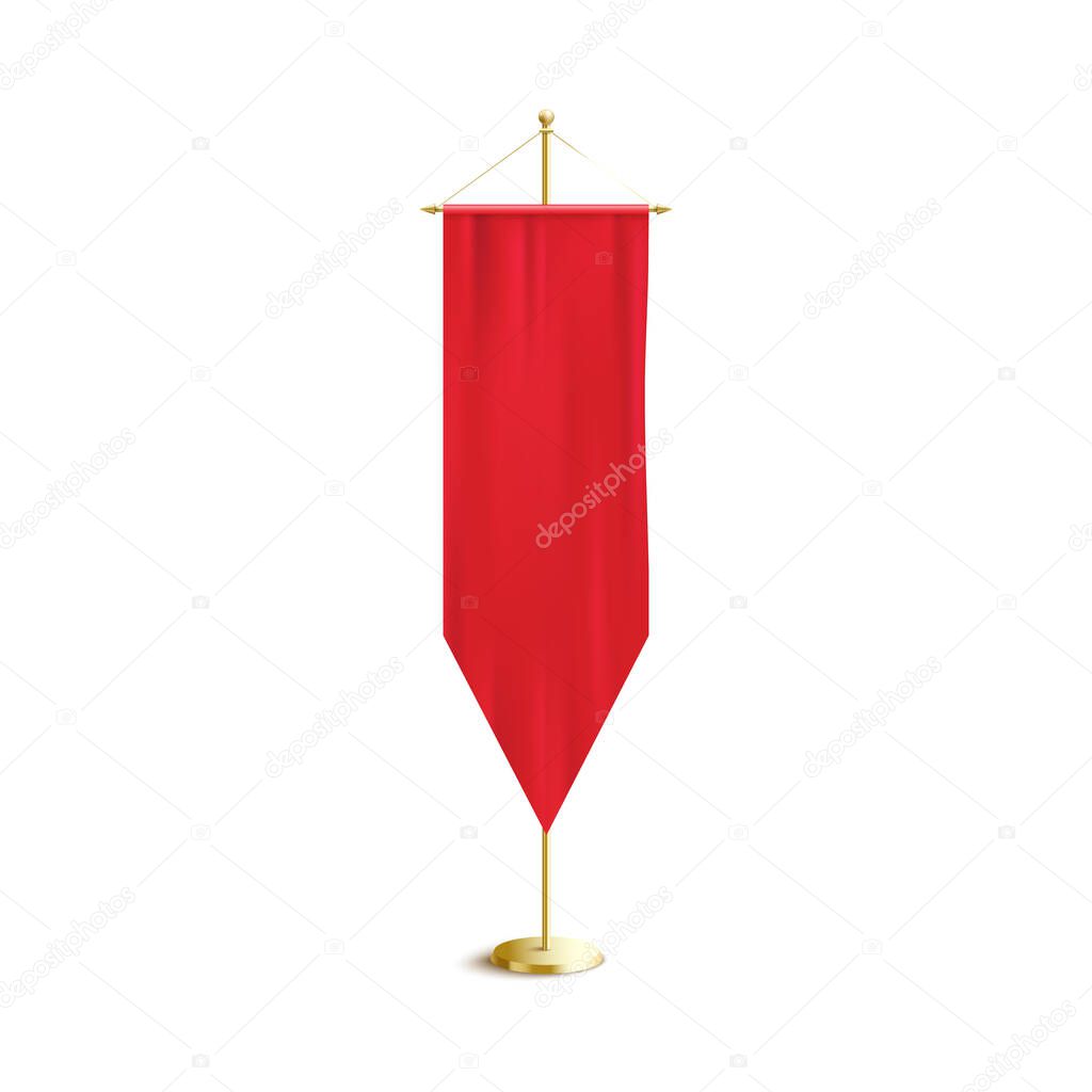 Scarlet red silk banner flag with blank copy space isolated on white background.
