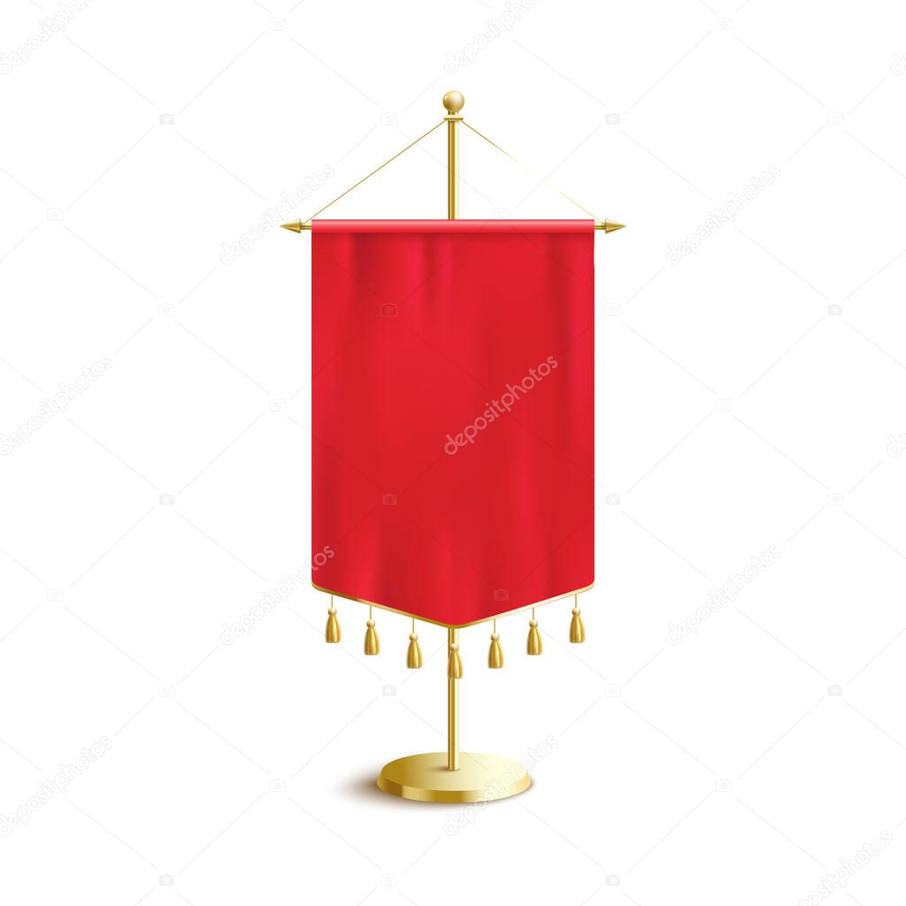 Short red pennant flag with realistic silk texture and golden thread hanging decorations.