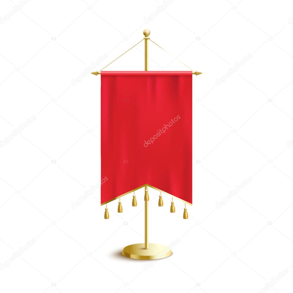 Red medieval pennant banner with pointed double ends and hanging decorations
