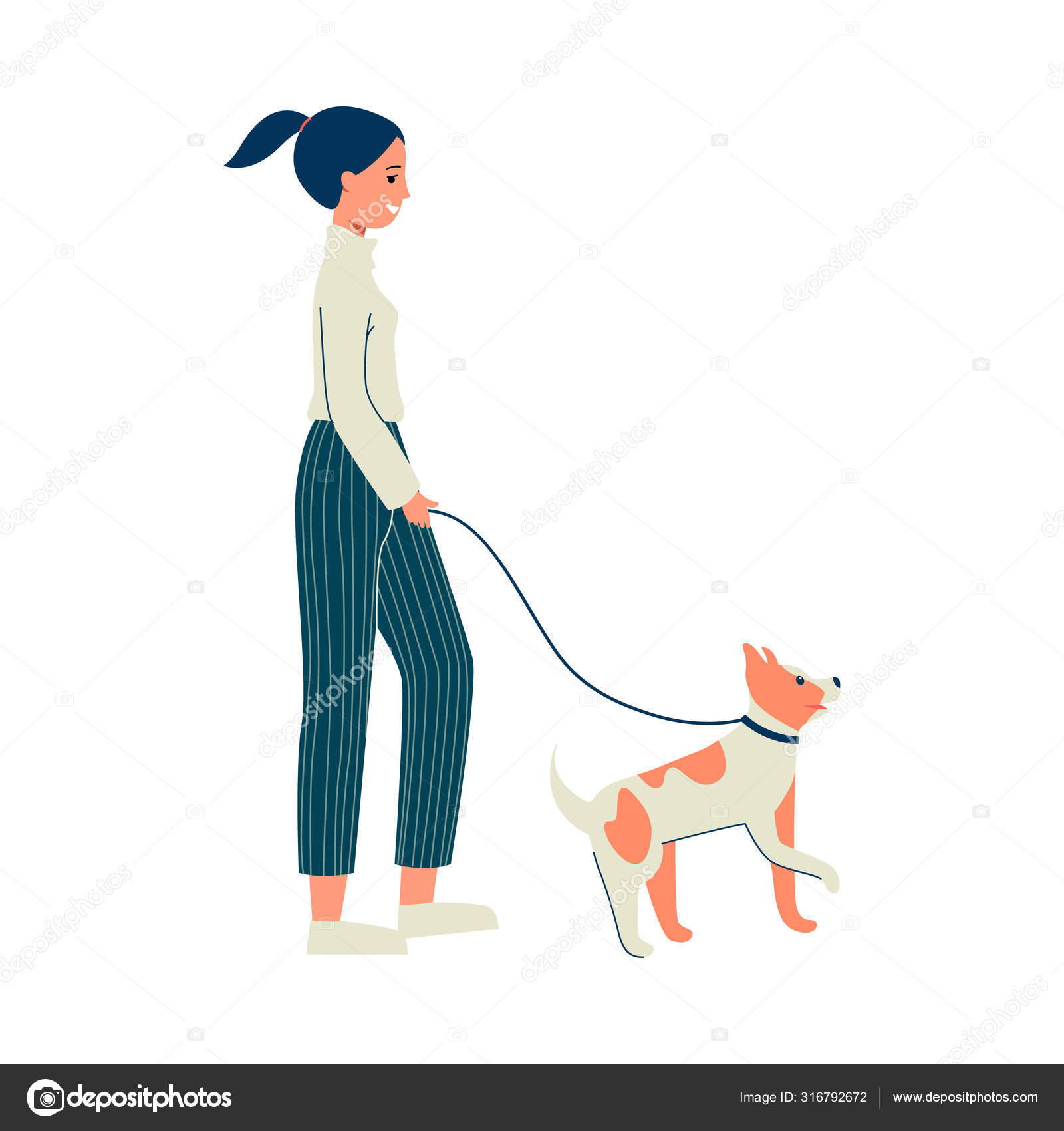 Cartoon woman walking her dog isolated on white background. Stock