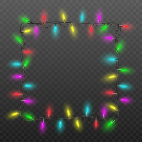 Marco cuadrado festivo de la guirnalda de luces de Navidad con bombillas de colores — Vector de stock