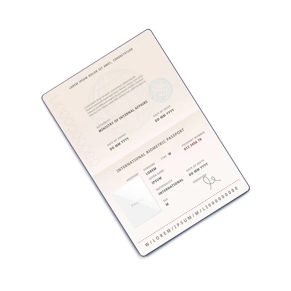 Passeport de voyage ouvert sur la page d'identification, illustration vectorielle 3D isolée . — Image vectorielle