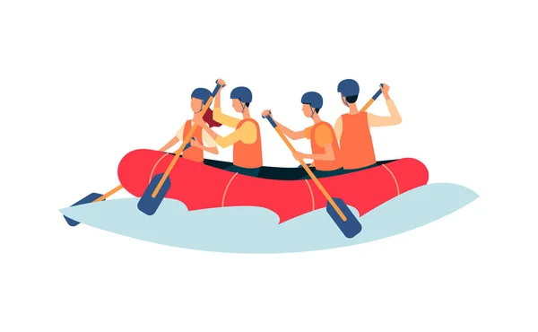 Rafting en el río - gente de dibujos animados remando en bote inflable con chalecos de seguridad — Vector de stock