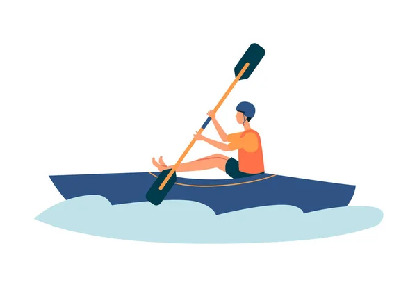 Cartoon man kayaking in river in blue kayak - isolated athlete doing extreme sport — Stock Vector