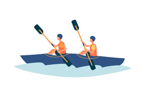 두 사람 이강을 타고 가고 있는 모습 - 하얀 배경 위에 평평하고 외진 벡터 삽화. — 스톡 벡터