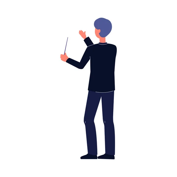 Orchestr dirigent muž drží hůl a diriguje gesto ruky. — Stockový vektor