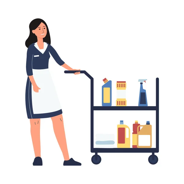 Hotel room service worker - cartoon cleaner woman in maid uniform with cart — Stock Vector