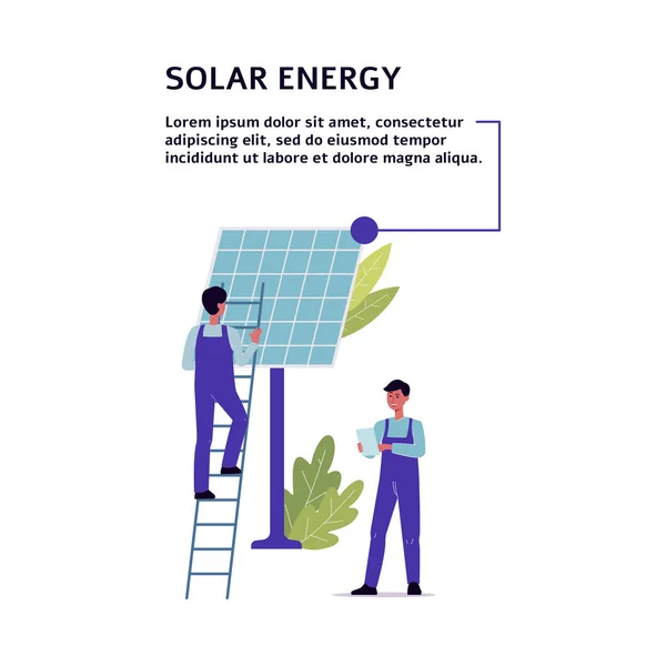 Banner de energia solar com engenheiros e ilustração de vetor plano celular isolado . — Vetor de Stock