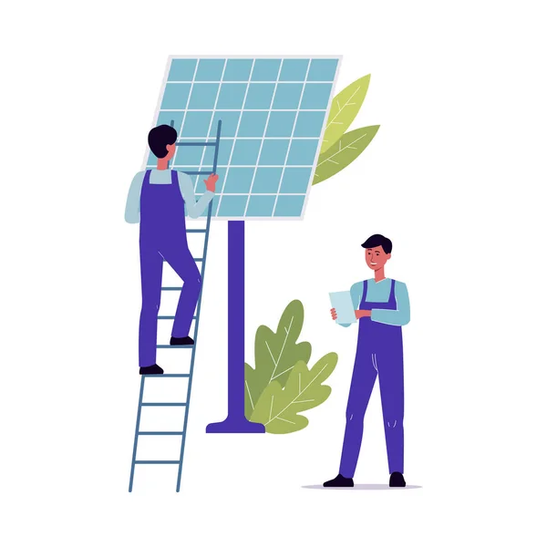 Operatori di manutenzione e riparazione pannelli solari - uomini dei cartoni animati scaletta — Vettoriale Stock