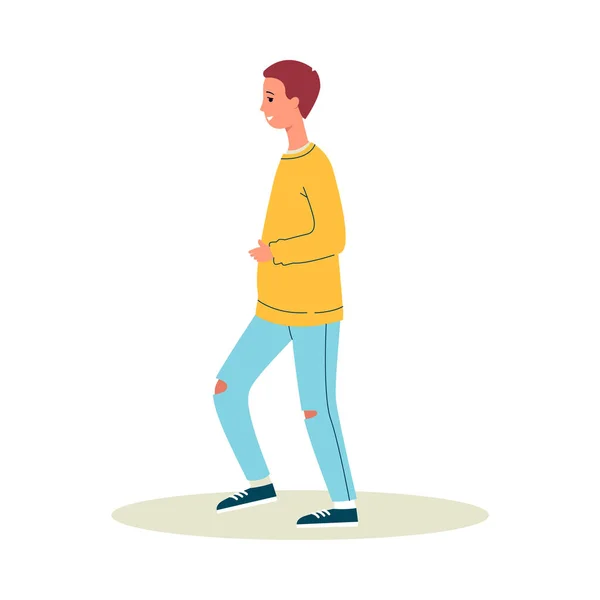 길을 걷고 있는 젊은 남자가 평평 한 벡터 그림을 따로 입고 있다. — 스톡 벡터