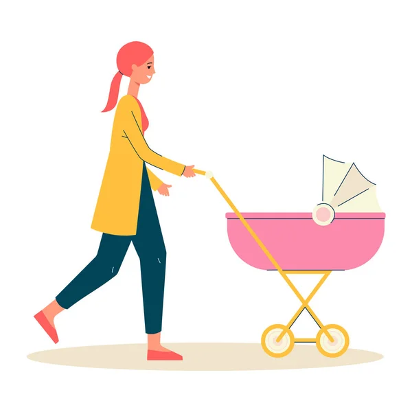 Moder kvinna promenader med baby vagn, platt vektor illustration isolerad. — Stock vektor
