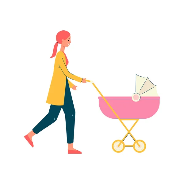 Tecknad mor går och driver en rosa barnvagn — Stock vektor