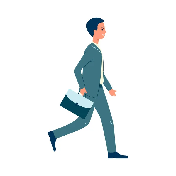 Empresário dos desenhos animados em terno segurando mala andando e sorrindo —  Vetores de Stock