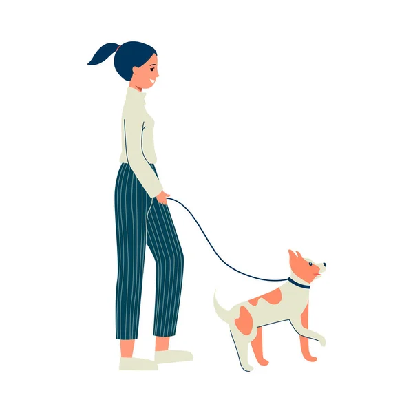 Desenhos animados mulher andando seu cão isolado no fundo branco . —  Vetores de Stock