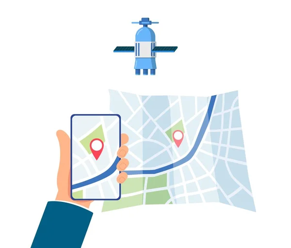 Smartphone mit GPS-Navigations-App auf dem Bildschirm flache Vektordarstellung isoliert. — Stockvektor