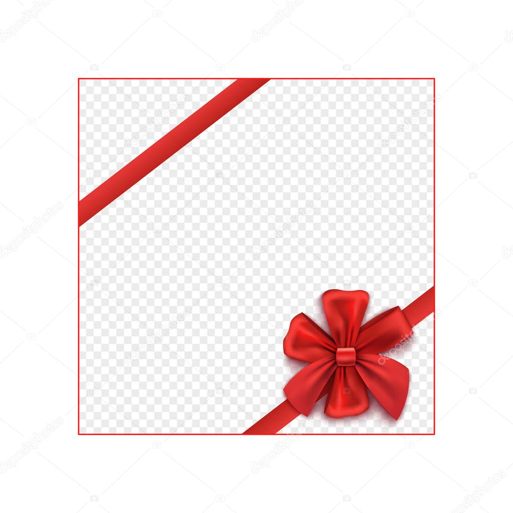 Red gift ribbon tied to rosette bow realistic vector illustration isolated.