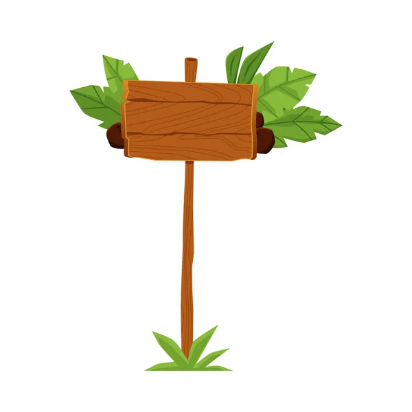 Letrero de madera de verano con tablón de madera marrón en blanco y hojas de árbol verde — Vector de stock