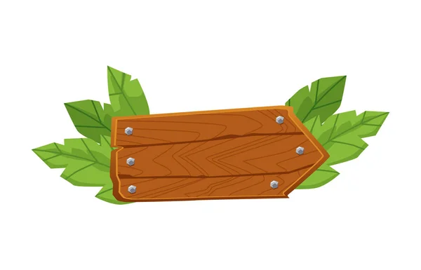 Blank wooden arrow plank with green leaves - summer signpost decoration element — Stock Vector