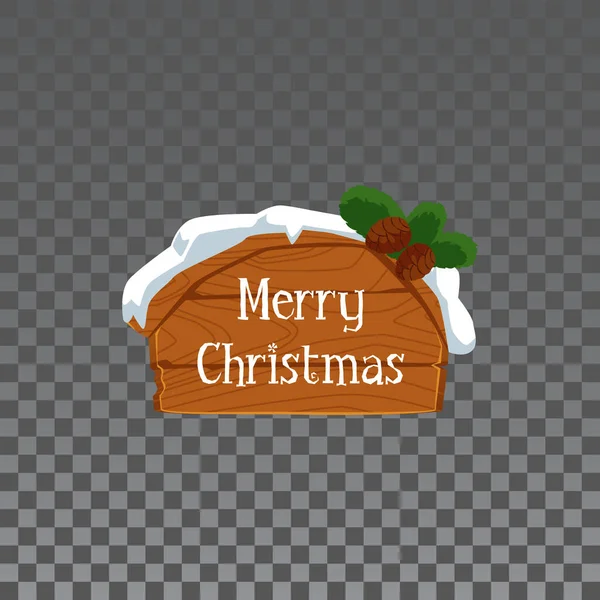 Joyeux Noël - panneau de dessin animé en bois avec bonnet de neige et pignons de pin — Image vectorielle