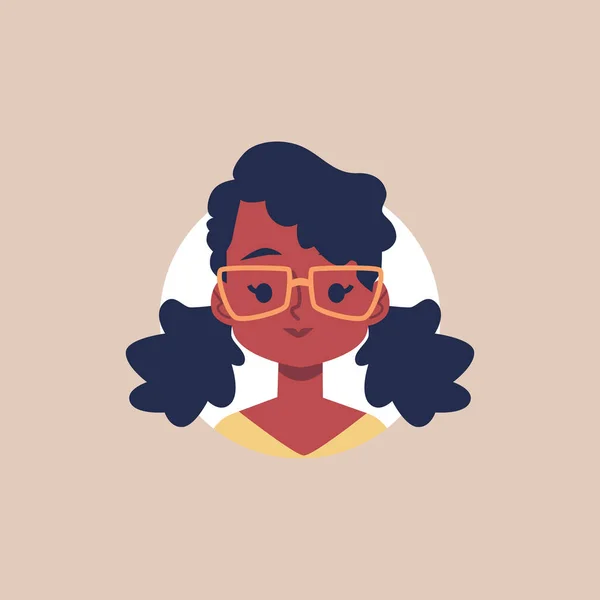 Roztomilé africké dívka s brýlemi - plochý avatar portrét uvnitř kruhu rámeček. — Stockový vektor