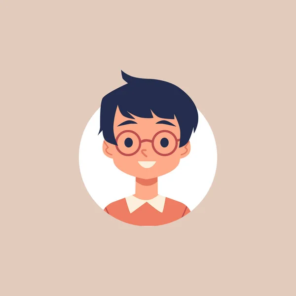 Netter Cartoon-Junge mit Brille und schwarzem Haar - isoliertes Kreis-Porträt — Stockvektor