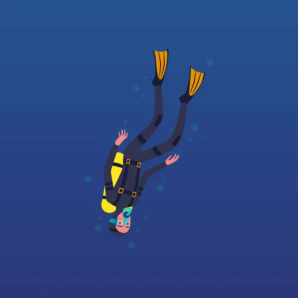 Cartoon potápěč muž plavání vzhůru nohama pod vodou v tmavě modrém moři — Stockový vektor