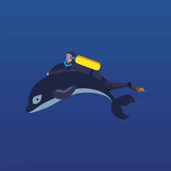 卡通人物带着海豚鳍在蓝色背景下潜水 — 图库矢量图片