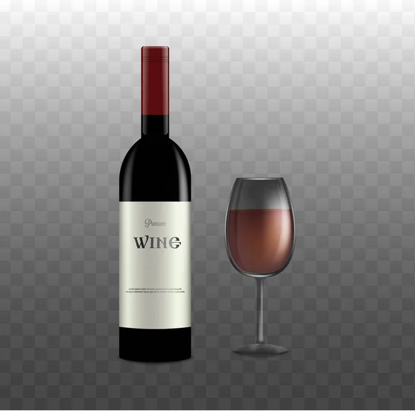 Realistic red wine bottle and glass of wine isolated on transparent background — Stock Vector