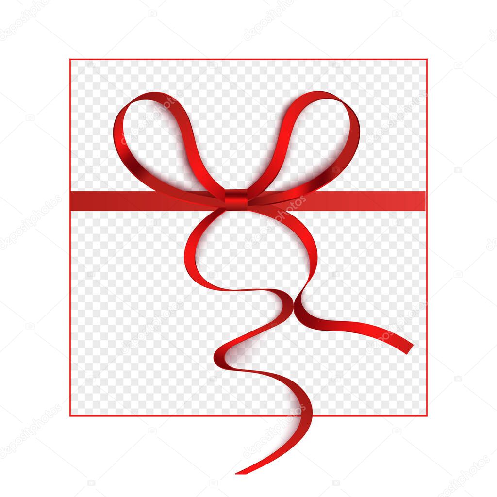Realistic red satin ribbon tied into bow knot wrapped around invisible square gift box