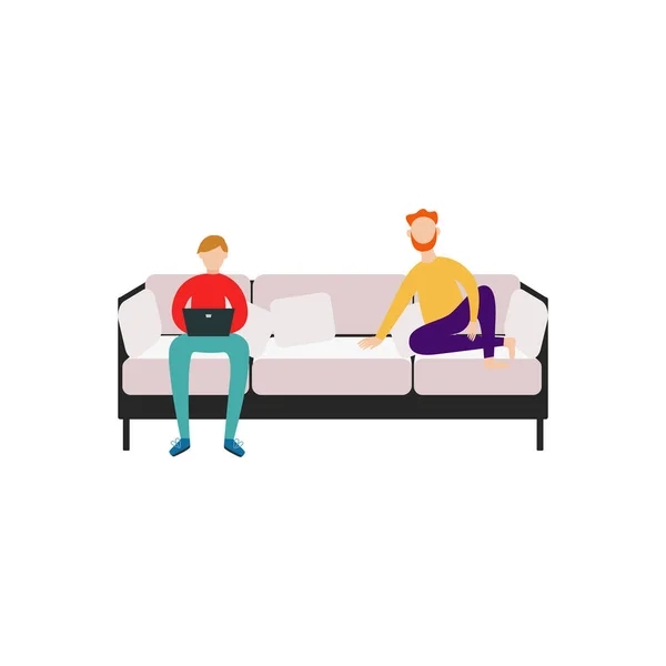 Mężczyźni, przyjaciele lub współlokatorzy siedzący na kanapie płaski wektor ilustracja odizolowany. — Wektor stockowy