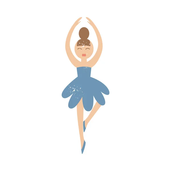 Linda bailarina de dibujos animados en vestido azul de pie en elegante pose de ballet — Vector de stock