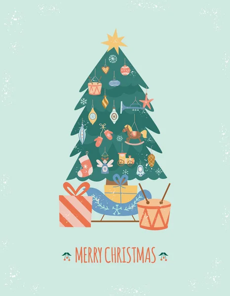 Christmas and New Year card with Xmas tree and gifts flat vector illustration. — Stock Vector