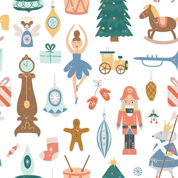 Christmas seamless pattern with Xmas tree toys, flat vector illustration. — Stock Vector
