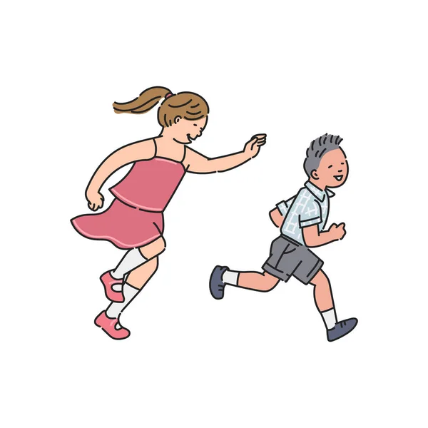 Etrafta koşuşturan sevimli çizgi film çocukları. Küçük kız ve oğlan gülüyor. — Stok Vektör