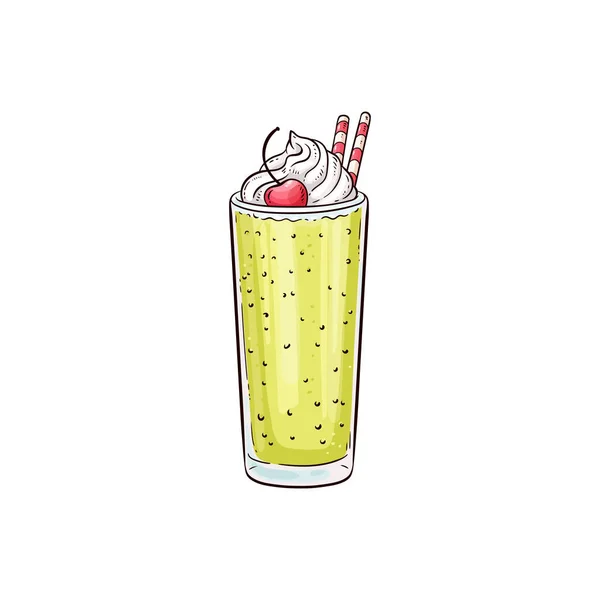 Milkshake med vispad grädde och körsbär, skiss vektor illustration isolerad. — Stock vektor