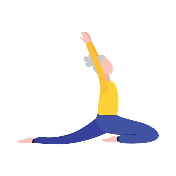 Yoga pozisyonunda kıdemli bir kadın beyaz arka planda izole edilmiş. — Stok Vektör