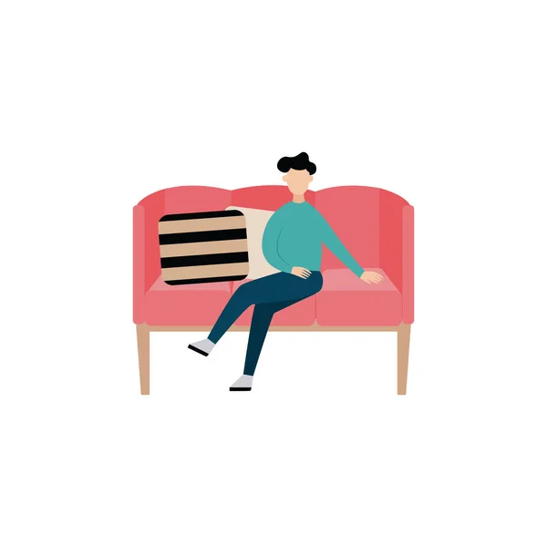 漫画の男は現代のピンクのソファに座って-孤立したフラットベクトルイラスト — ストックベクタ