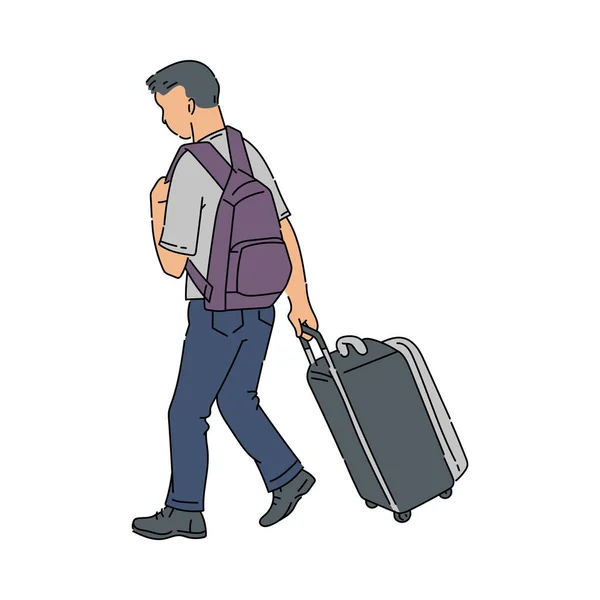 Cartoon man walking away with luggage suitcase and backpack — Stock Vector