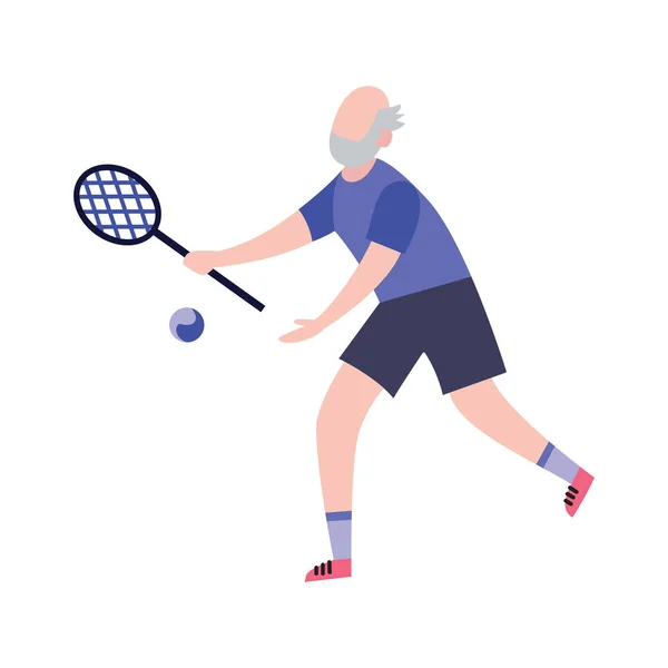 Anciano jugando tenis dibujos animados personaje plano vector ilustración aislado . — Vector de stock