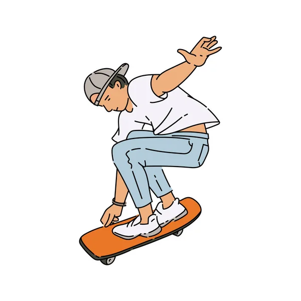 Jovem homem ou menino truque extremo no skate esboço ilustração vetorial isolado . — Vetor de Stock