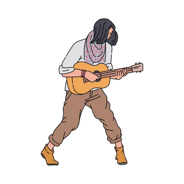 Músico de rua, homem tocando esboço de guitarra desenho animado ilustração vetorial isolado . — Vetor de Stock
