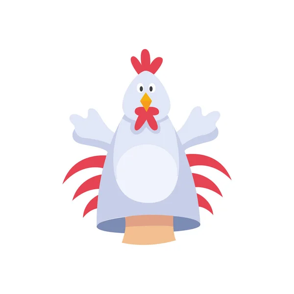 Hands rooster or chicken character fabric puppet icon, flat cartoon vector illustration isolated. — Stock Vector