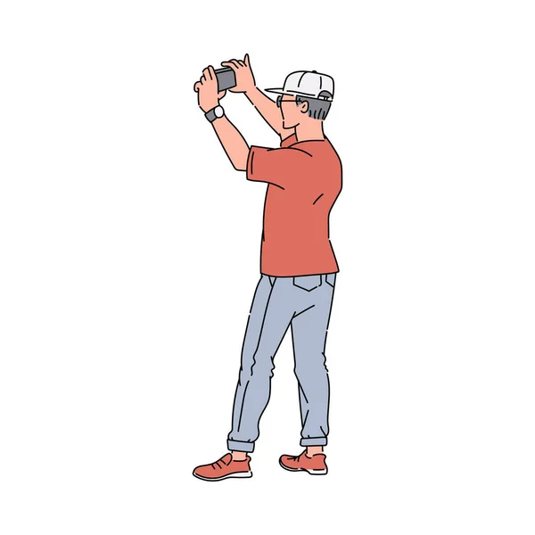 Homme dessiné à la main prenant une photo sur son téléphone vu de dos — Image vectorielle