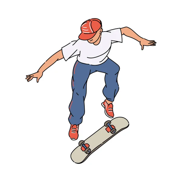 Cartoon skateboarder skacze wysoko podczas przerzucania deskorolki — Wektor stockowy