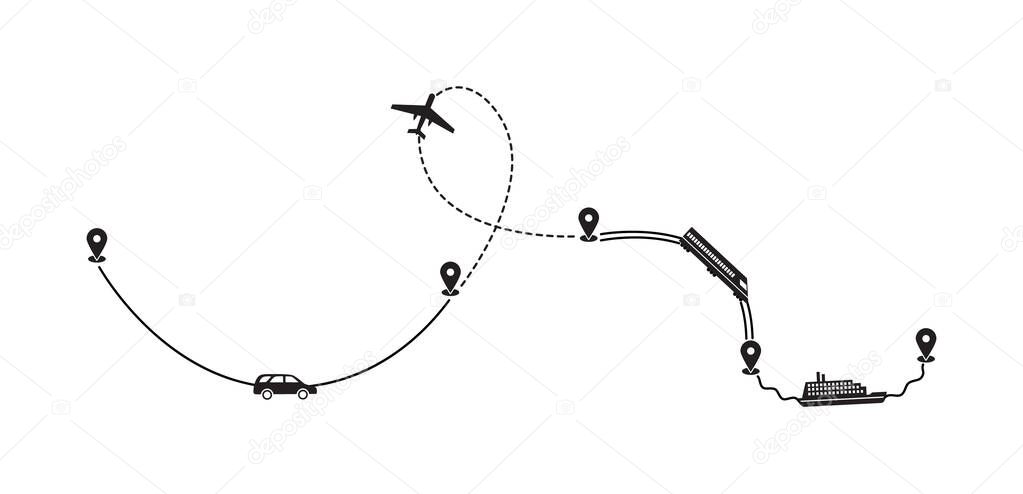 Route track with aircraft, water and land transport vector illustration isolated.