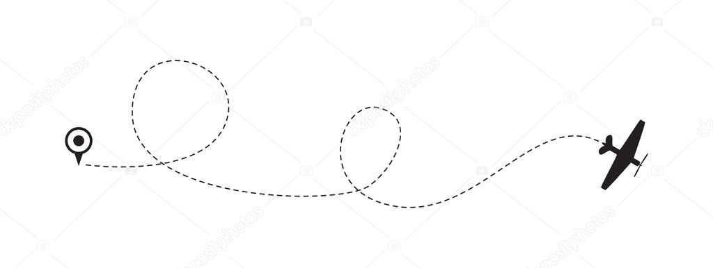 Airplane flight path with looping dashed line with plane icon