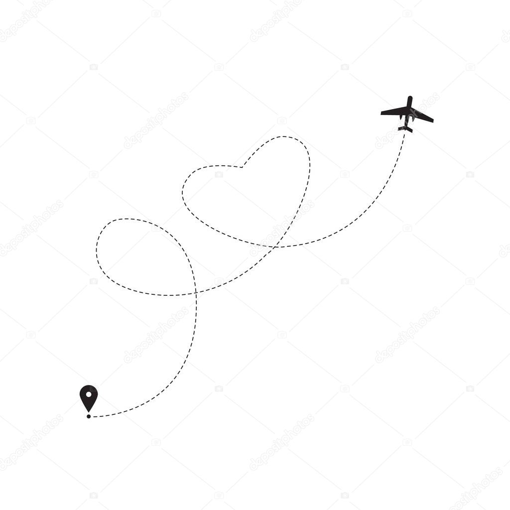 Airplane icon with dashed line flight path forming a heart shape trail